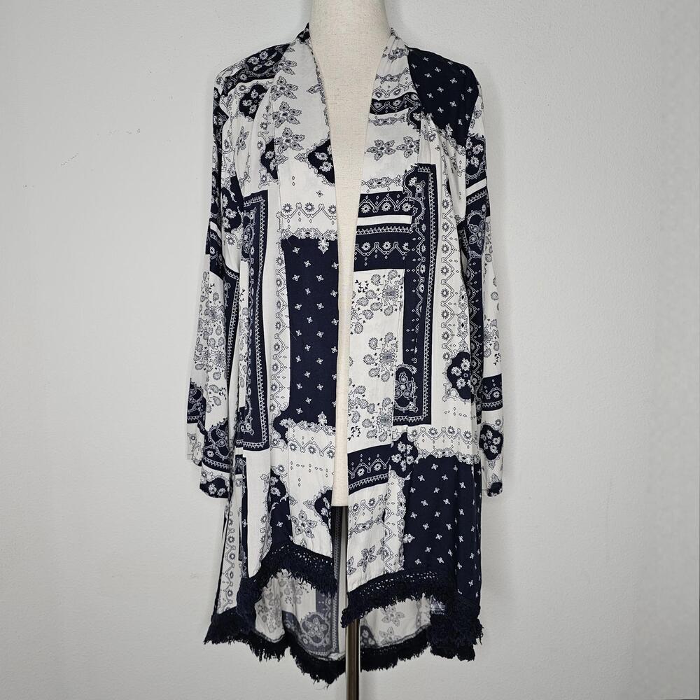 NWT Solitaire Women's Navy/White Print Kimono Size Small